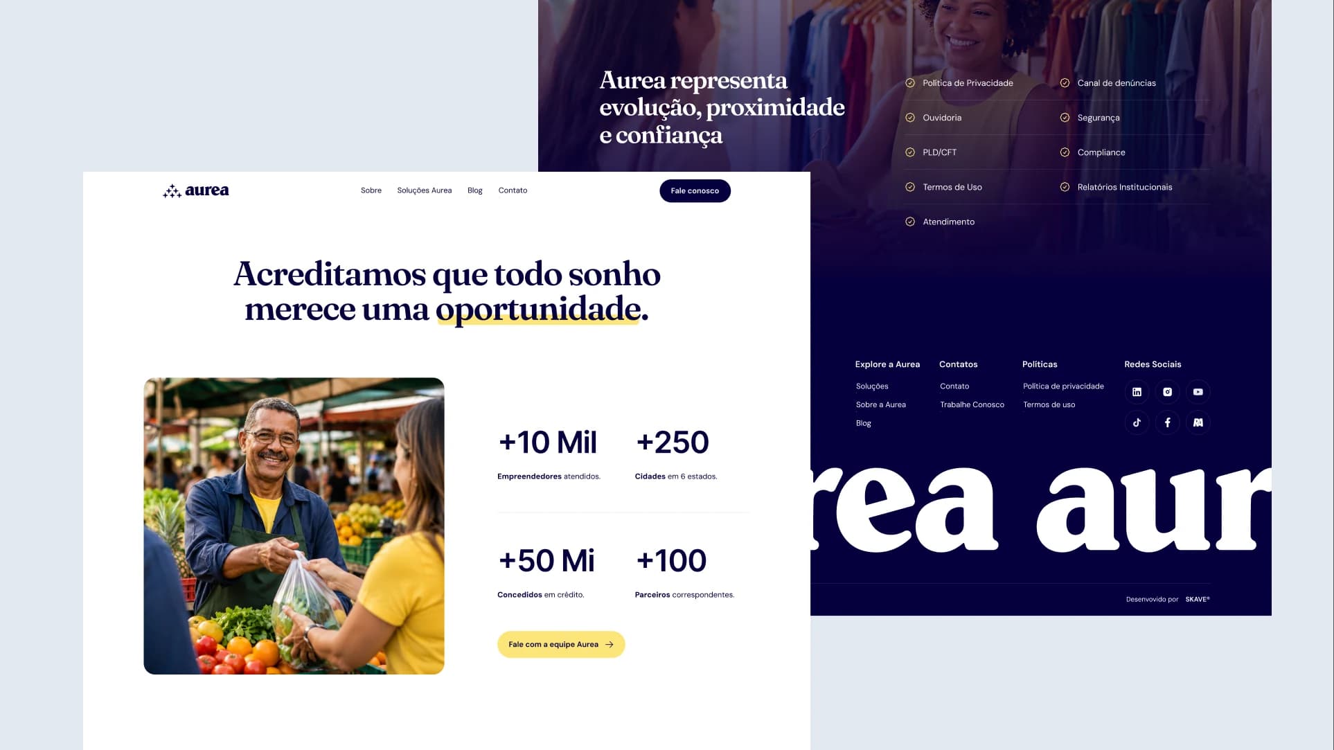 Página institucional da Aurea com indicadores, fotografia de empreendedor e rodapé.