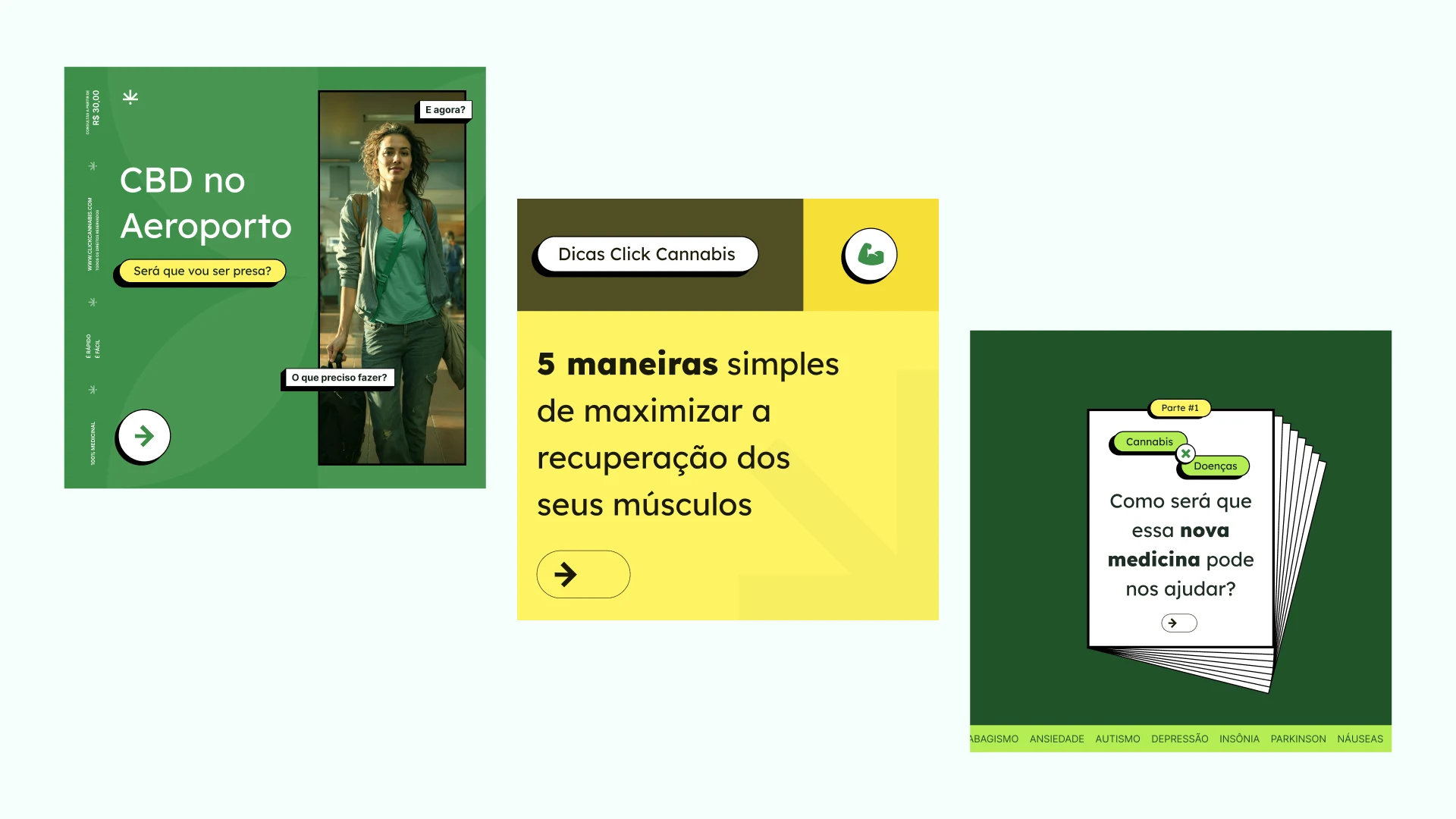 Composição de publicações para redes sociais com as cores e elementos gráficos da Click Cannabis.