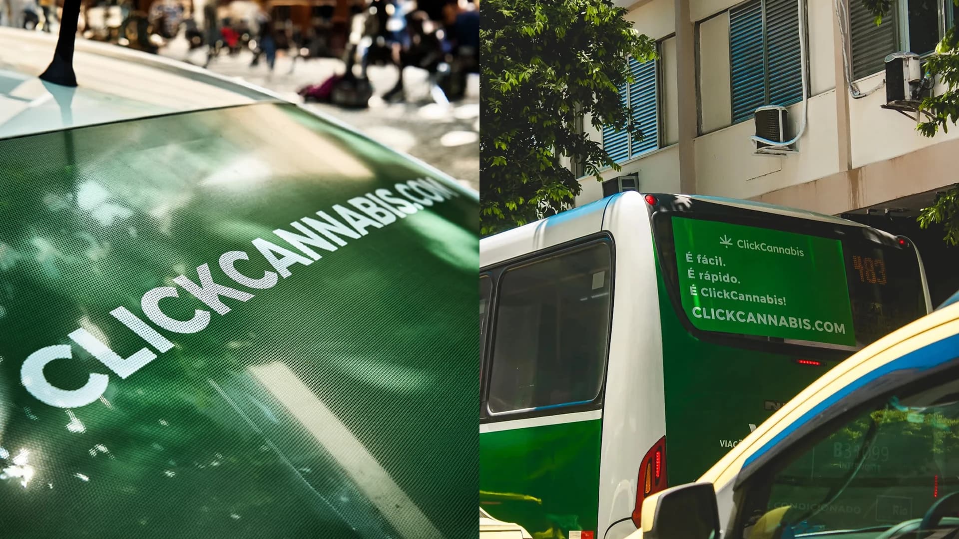 Detalhes da aplicação da marca Click Cannabis em veículos e mídia exterior.