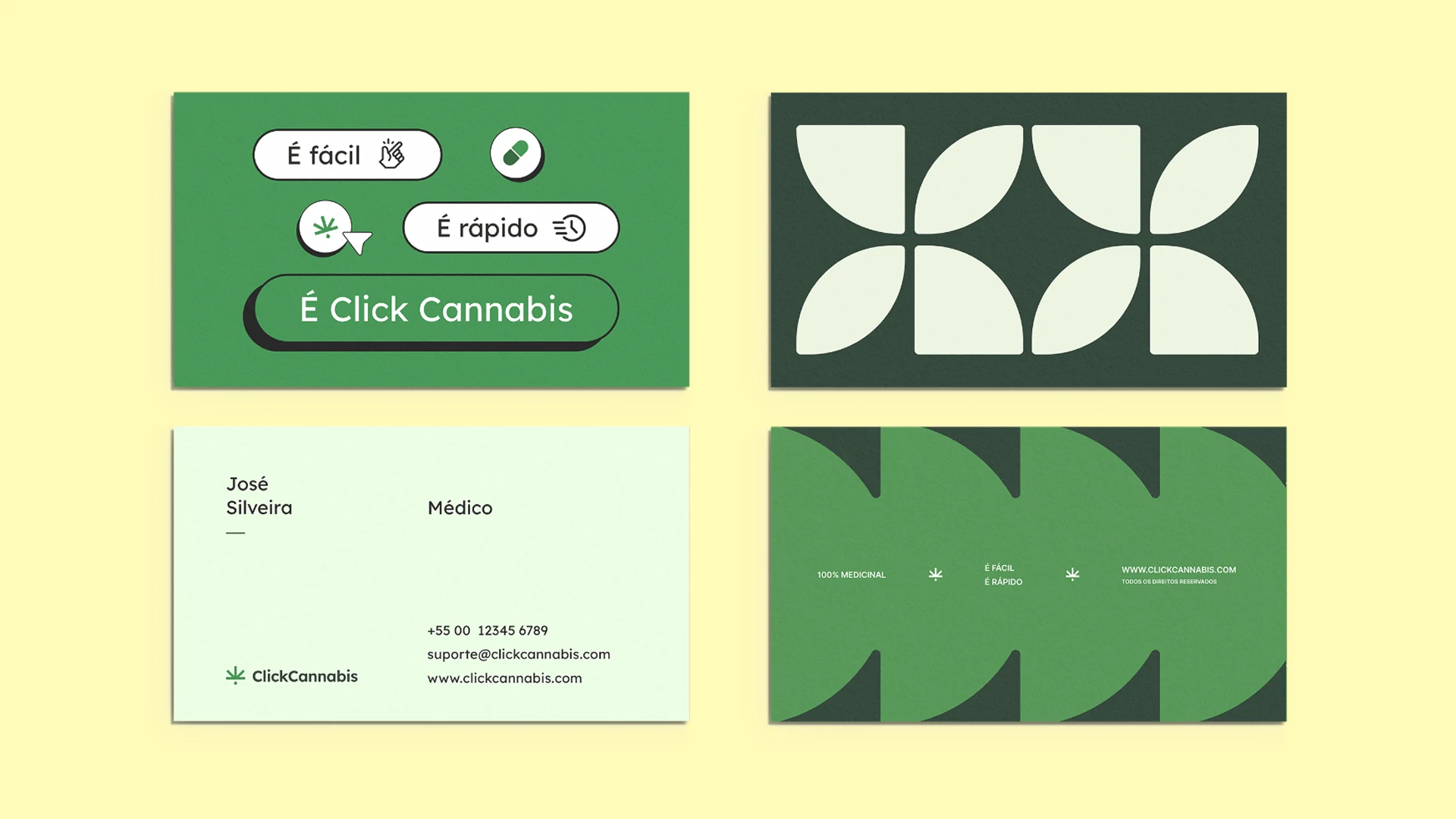 Cartões de visita, padrões gráficos e composições da identidade visual Click Cannabis.