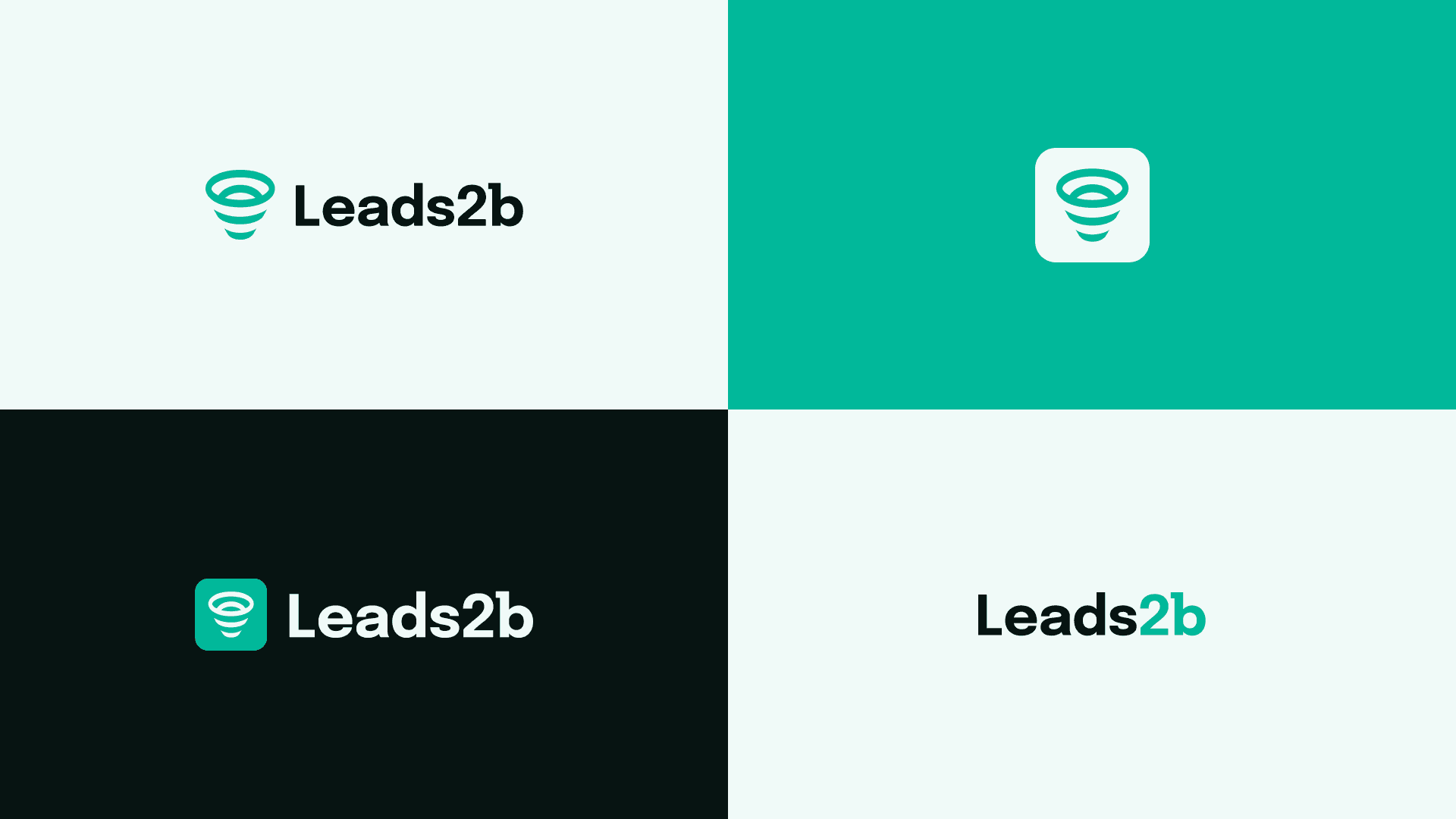 Leads2B — Versões do logotipo sobre fundos claro e escuro.