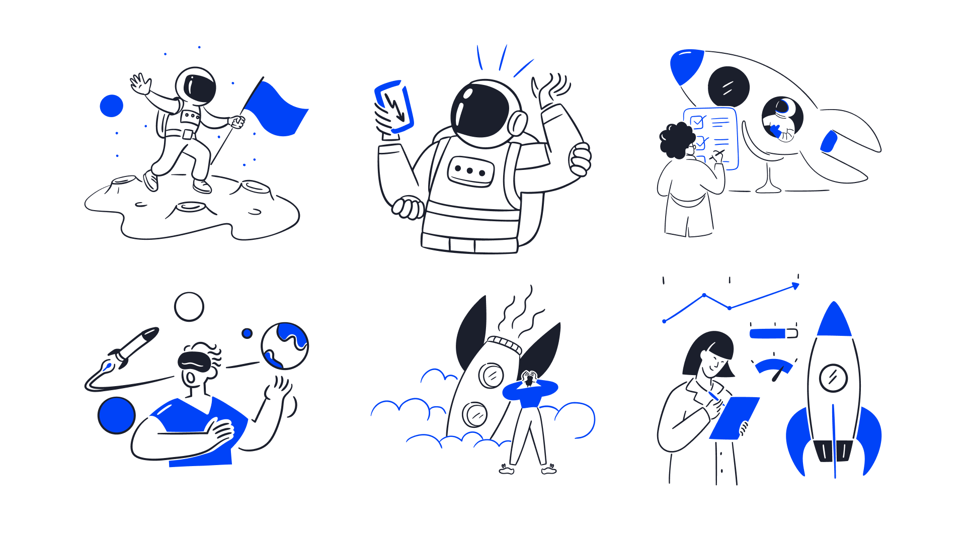 Ilustrações de astronautas, planetas e foguetes para a identidade visual da plataforma Órbita.