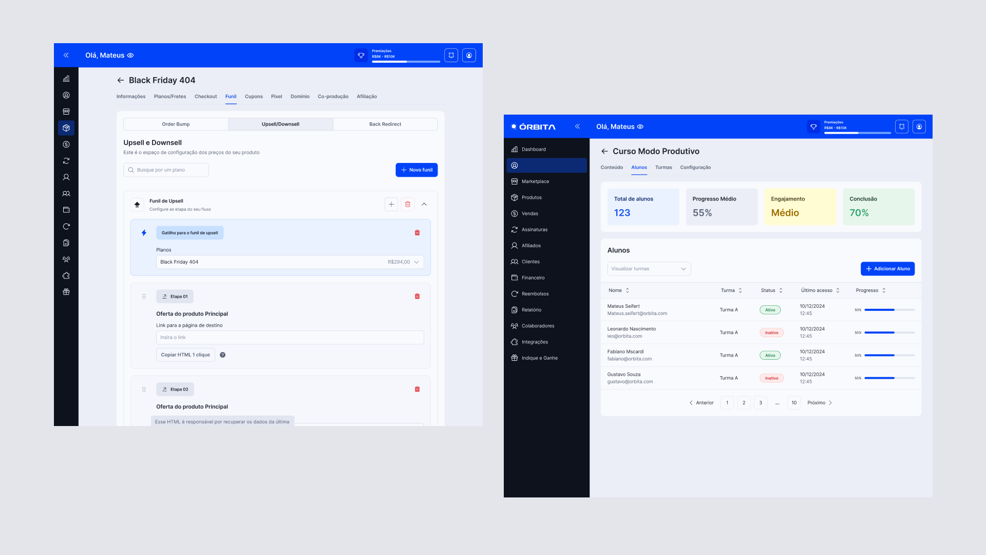 Editor de checkout e painel de acompanhamento dos alunos na Órbita.